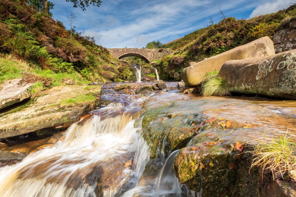 Water rushes over the rocks of the River Dane at Three Shires Head, Peak District – view 2