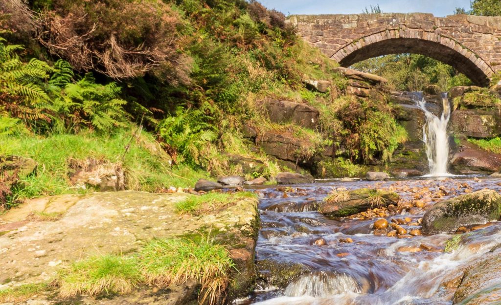 Water rushes over the rocks of the River Dane at Three Shires Head, Peak District – view 3