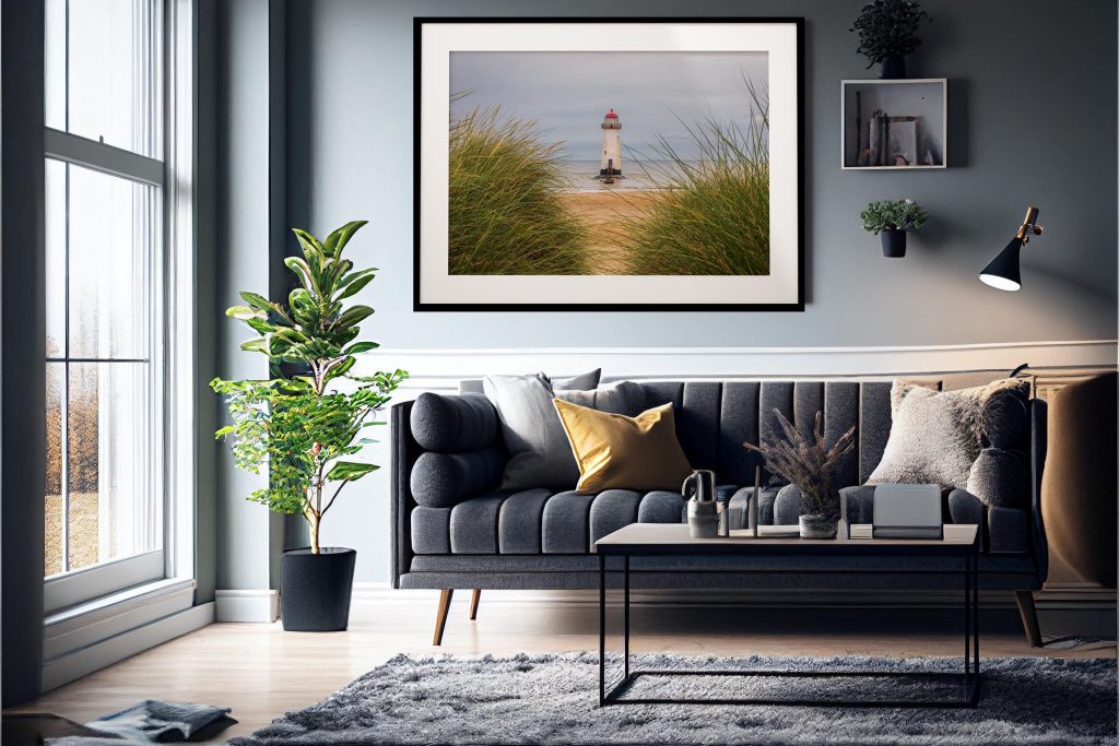Seen through marram grass on the dunes, Talacre Lighthouse stands quietly against the open shoreline of the Dee Estuary – view 6