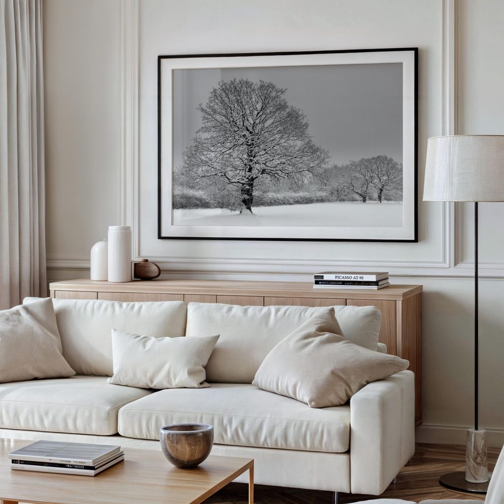 A solitary oak stands in a snow-covered Derbyshire landscape – view 4