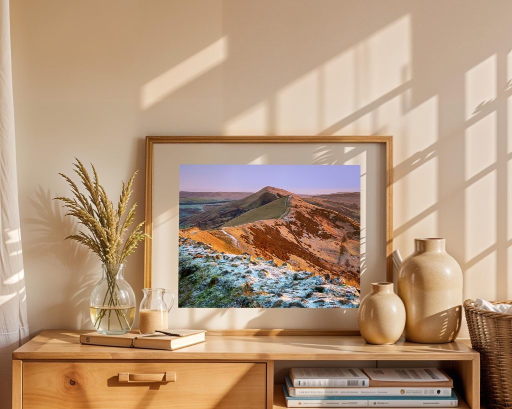 The Great Ridge rises through a light covering of winter snow as early sunlight catches the slopes, Peak District – view 6