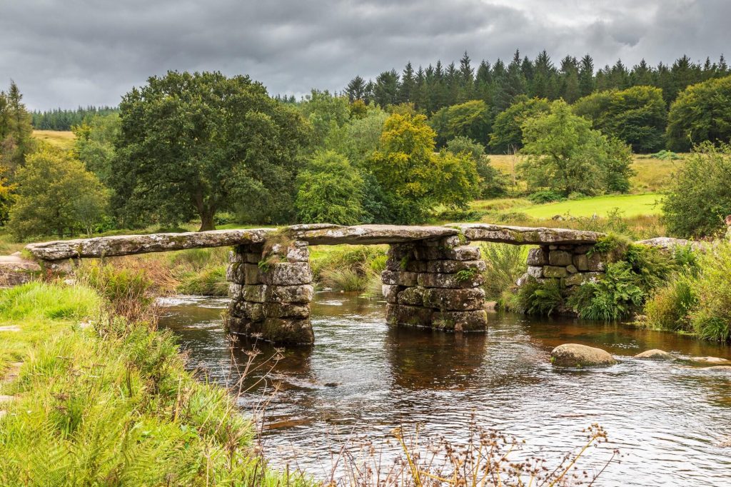The historic clapper bridge at Postbridge crosses the East Dart River in the heart of Dartmoor – view 2