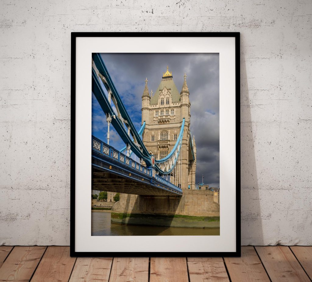 Tower Bridge spans the River Thames in this vertical London view