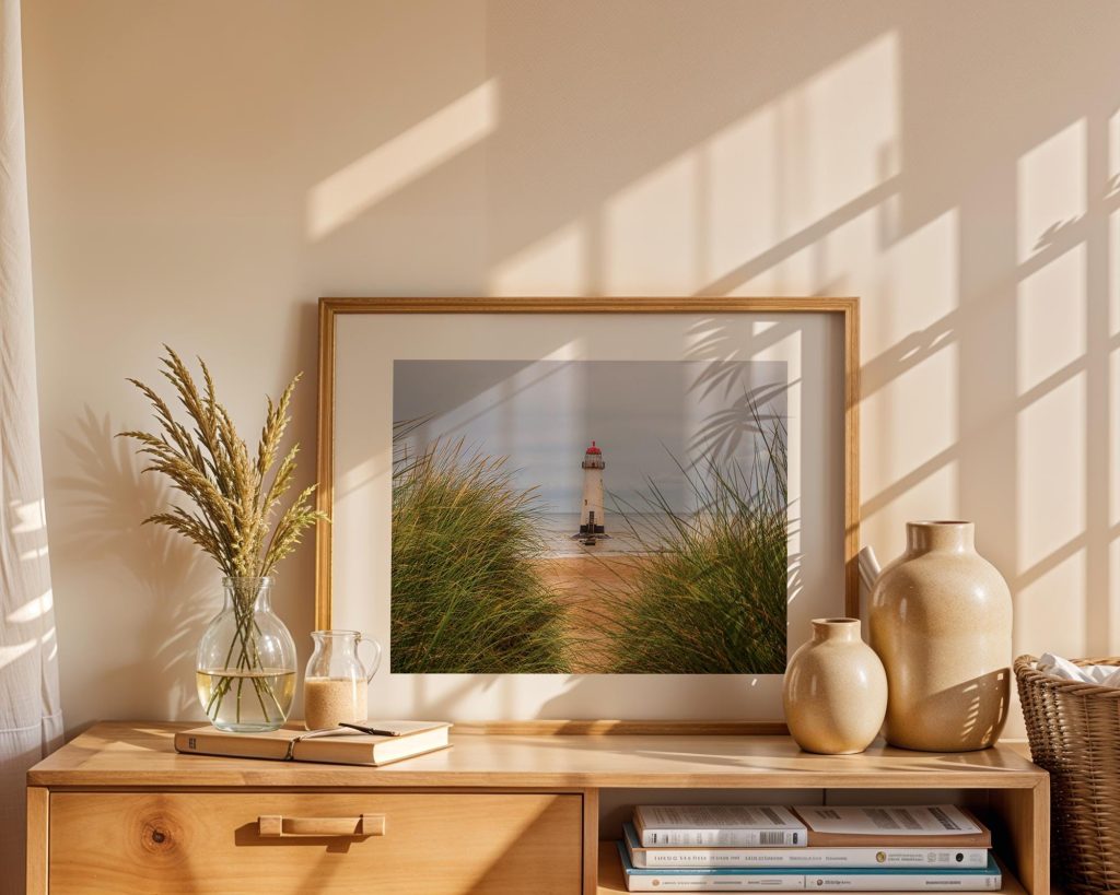 Seen through marram grass on the dunes, Talacre Lighthouse stands quietly against the open shoreline of the Dee Estuary – view 3