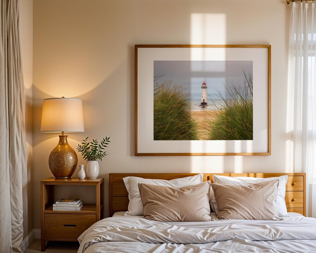 Seen through marram grass on the dunes, Talacre Lighthouse stands quietly against the open shoreline of the Dee Estuary – view 4