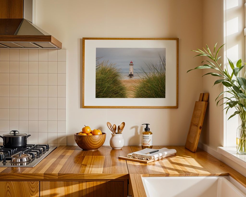 Seen through marram grass on the dunes, Talacre Lighthouse stands quietly against the open shoreline of the Dee Estuary – view 5