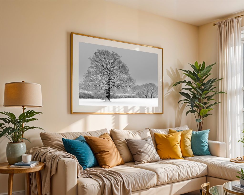 A solitary oak stands in a snow-covered Derbyshire landscape – view 3