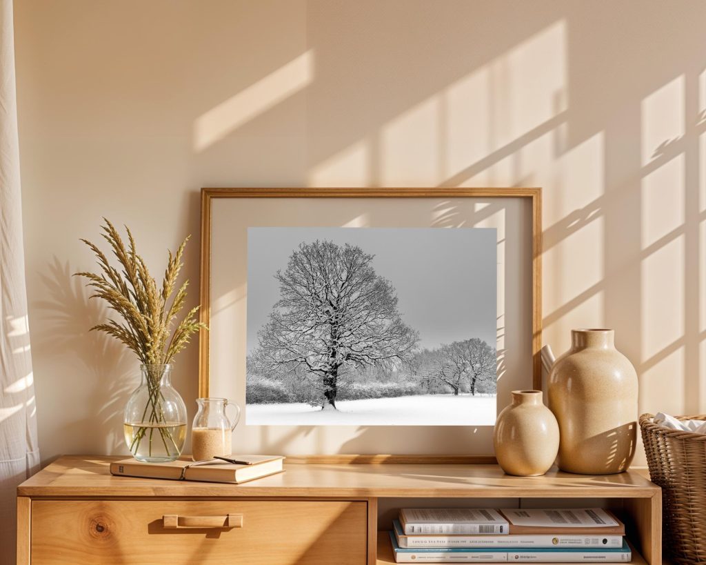 A solitary oak stands in a snow-covered Derbyshire landscape – view 6