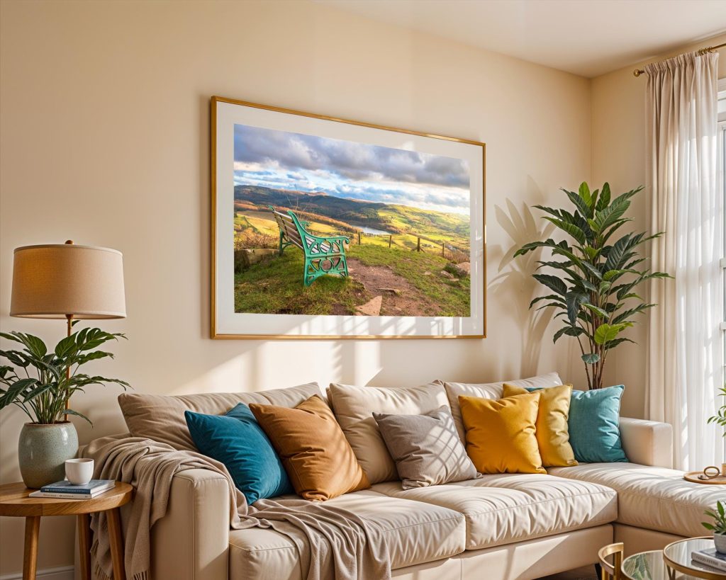 A familiar seat at the top of Teggs Nose Country Park looks across Macclesfield Forest towards Shutlingsloe – view 4