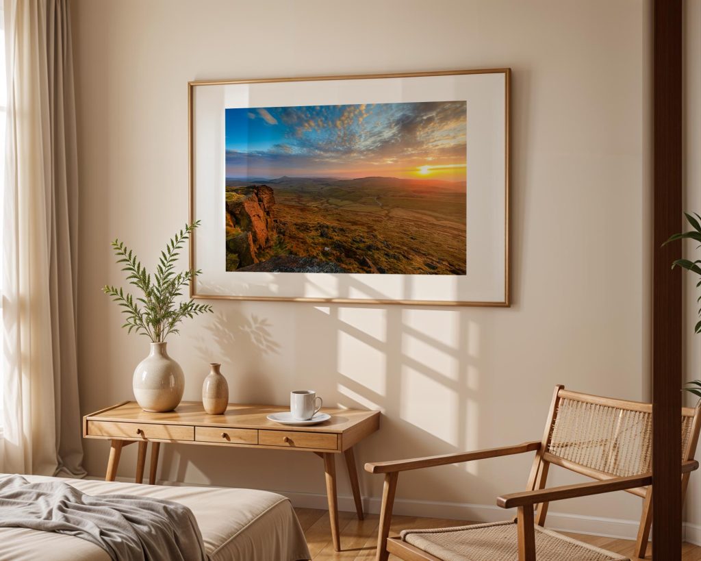 The setting sun spreads warm light across the high ground around Shining Tor, Peak District – view 4