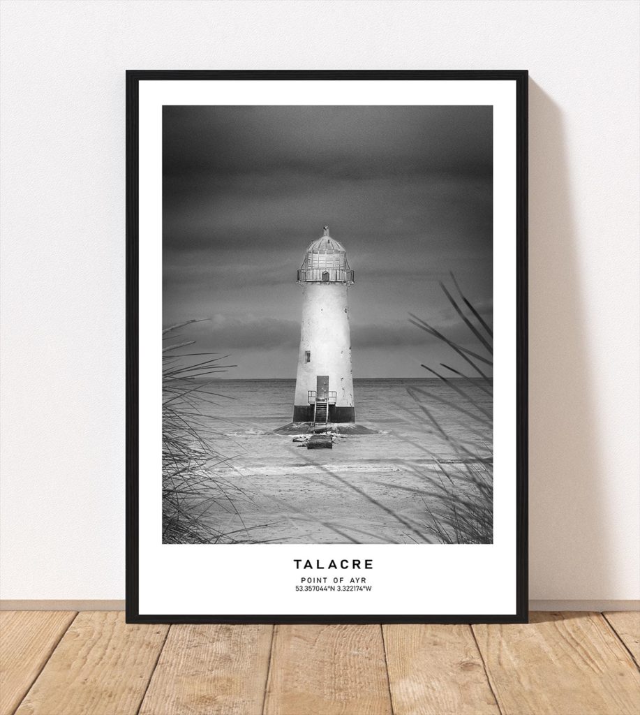Talacre Lighthouse stands prominently on the North Wales coast in this monochrome, retro-style travel poster