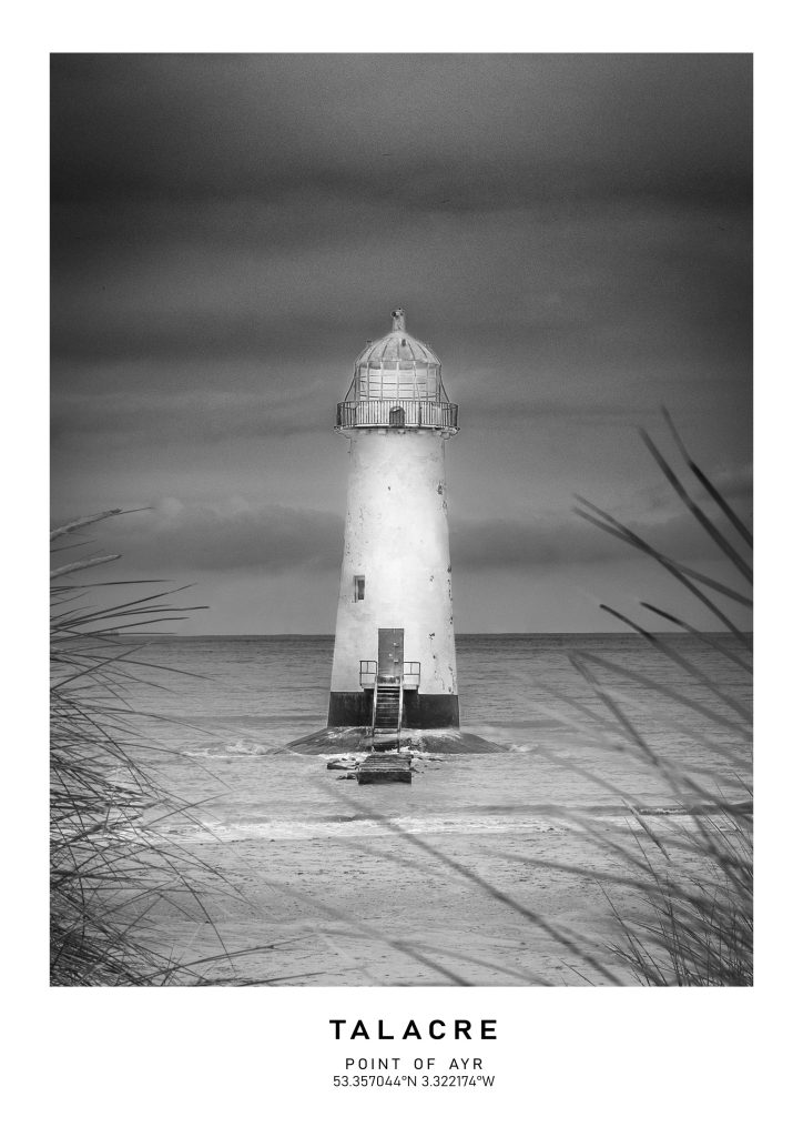 Talacre Lighthouse stands prominently on the North Wales coast in this monochrome, retro-style travel poster – view 2